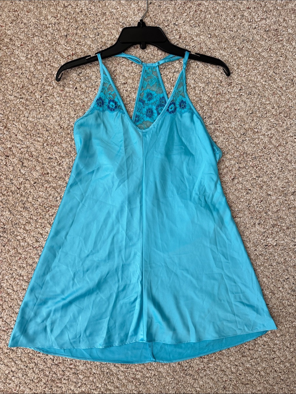 New with tags. Satin Lace-Back Chemise in Aqua Blue